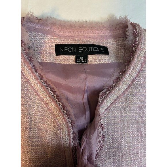 Nipon Boutique Pink Tweed Chiffon Tie Front Blazer Plus Size 18 Frayed Trim - Picture 2 of 4